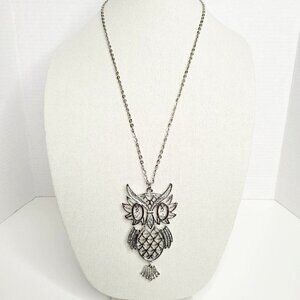 Vintage OWL Silvertone Articulated Clear Rhinestone Eyes Necklace Openwork Y2K